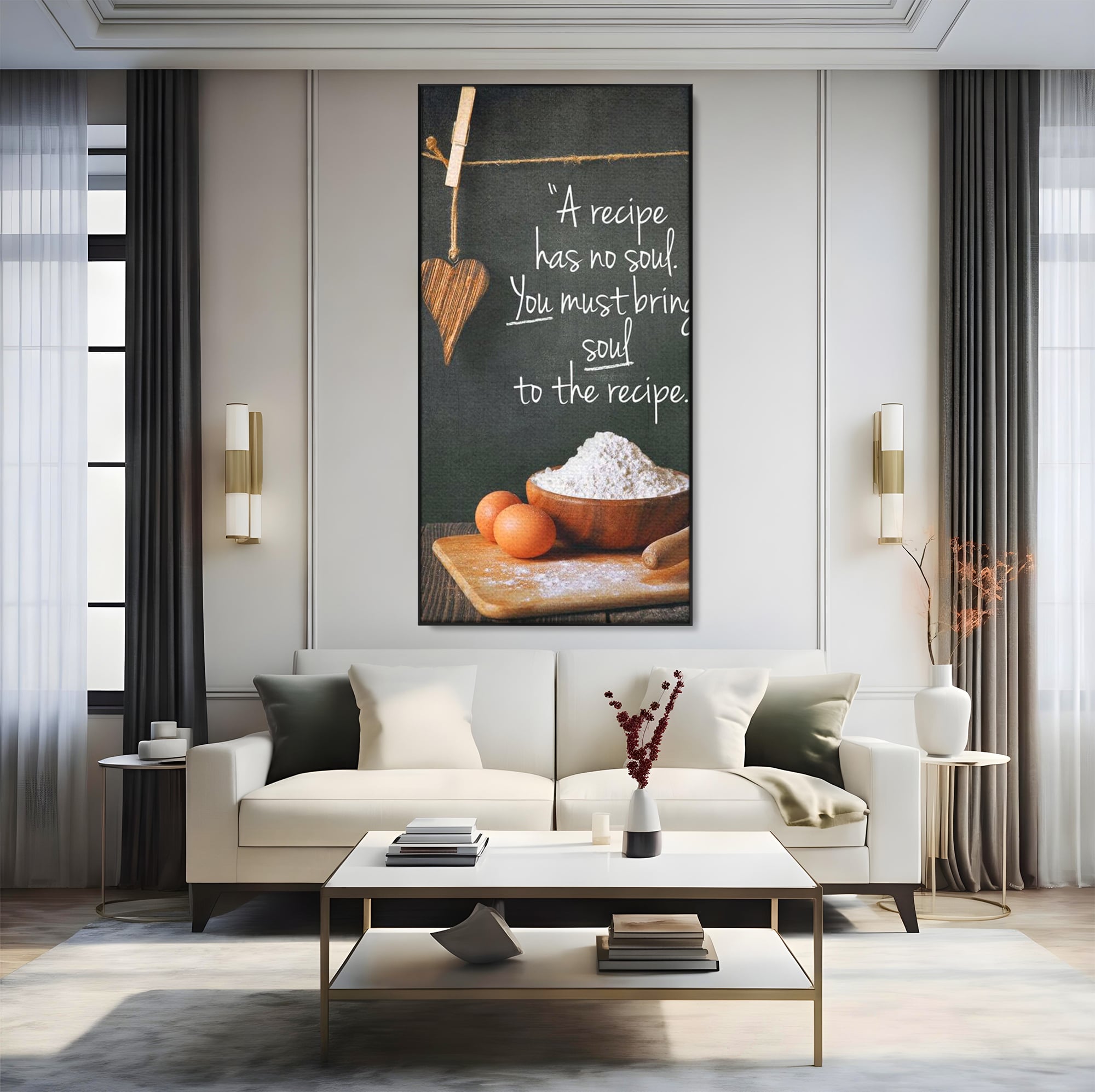 Tablou canvas cu tablou canvas cu reteta si faina, in rama de aluminiu negru, pe perete intr-un living